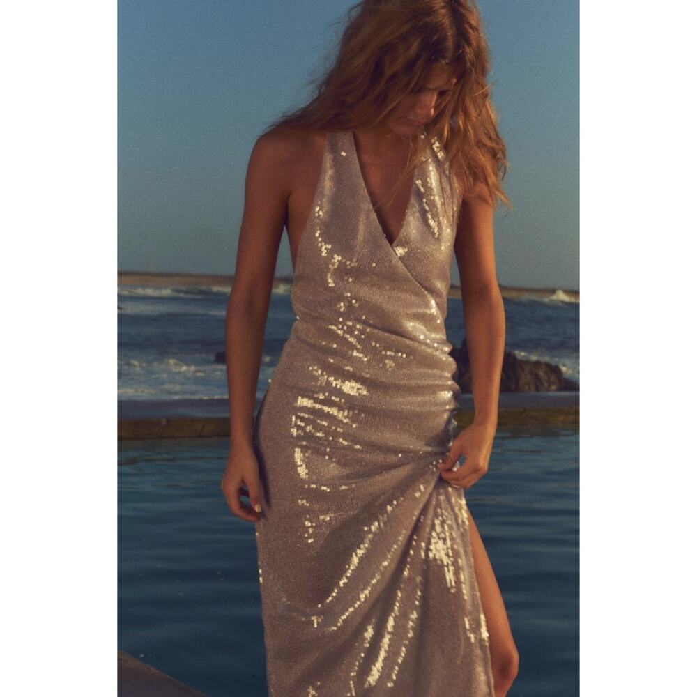 Zara Sequin Midi Dress in Champagne